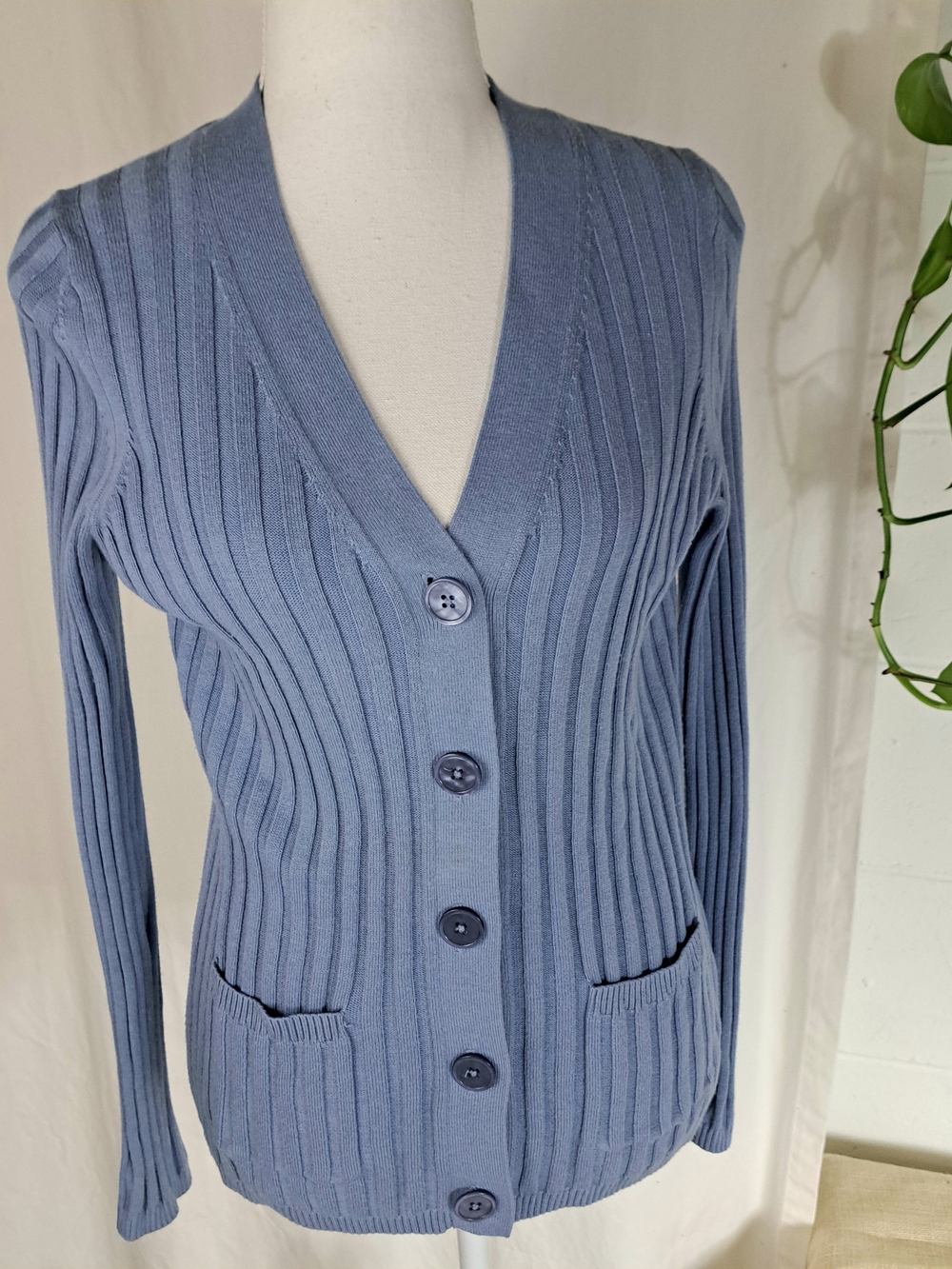 Talbots Classic Ribbed Knit Button-Front Sweater Cardigan - Blue